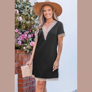 CUPSHE Size M Black V Neck Short Sleeve Lace Trim Mini Dress Women Beach Summer